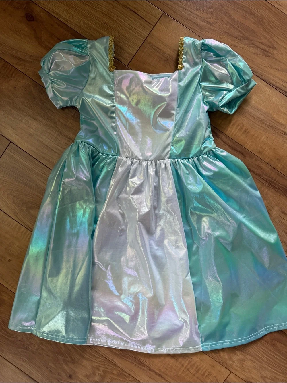 Girls Shimmery Aqua Princess Costume Dress with Gold Trim